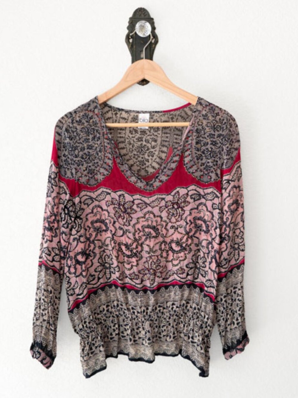 Bila Boho Blouse Petite Medium Beaded Sheer Lace Floral Festival Top